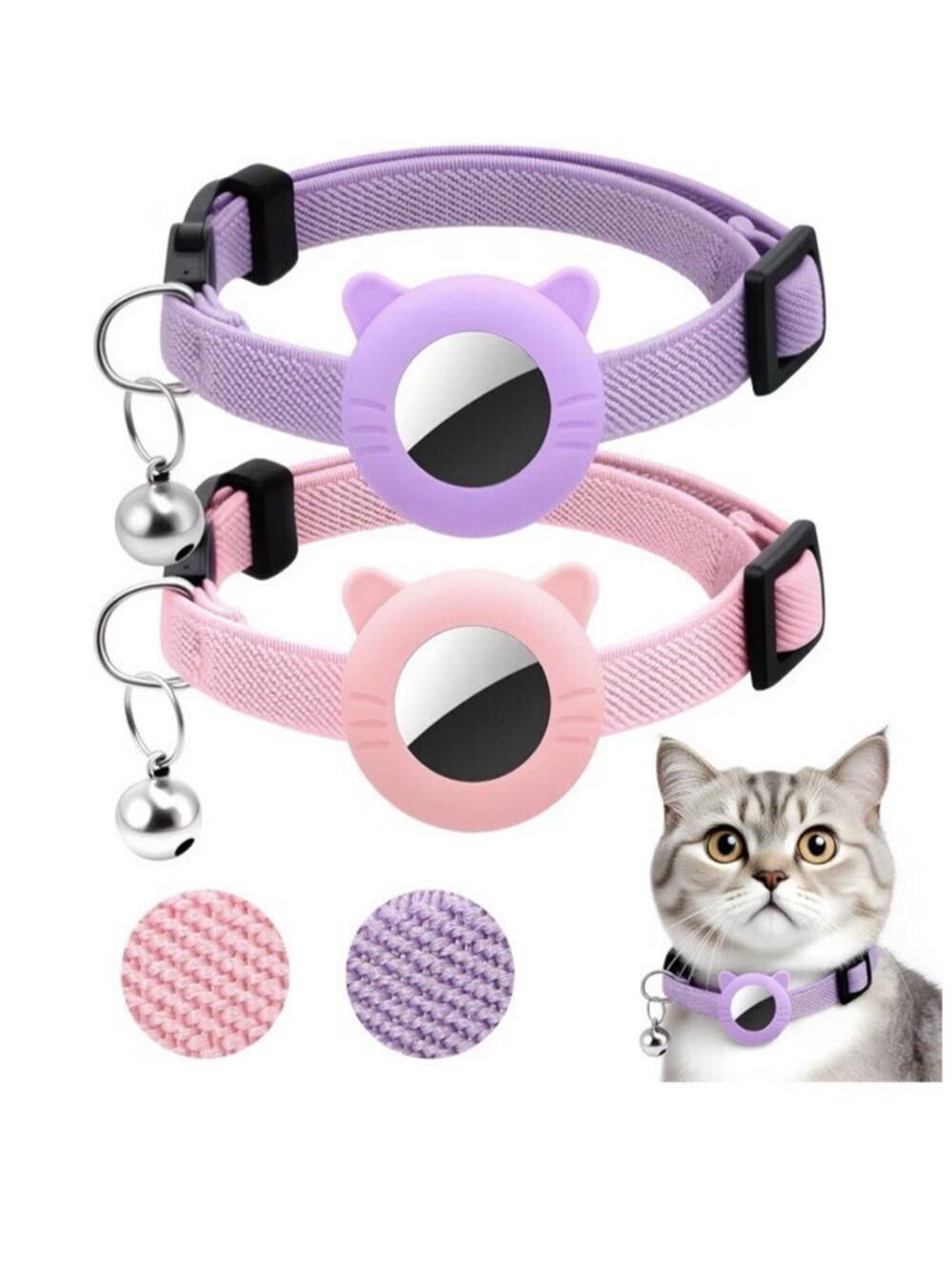 2pc Adjustable Cat Collar with AirTag Holder 2 Pack Silicone Cat Head Case Bell